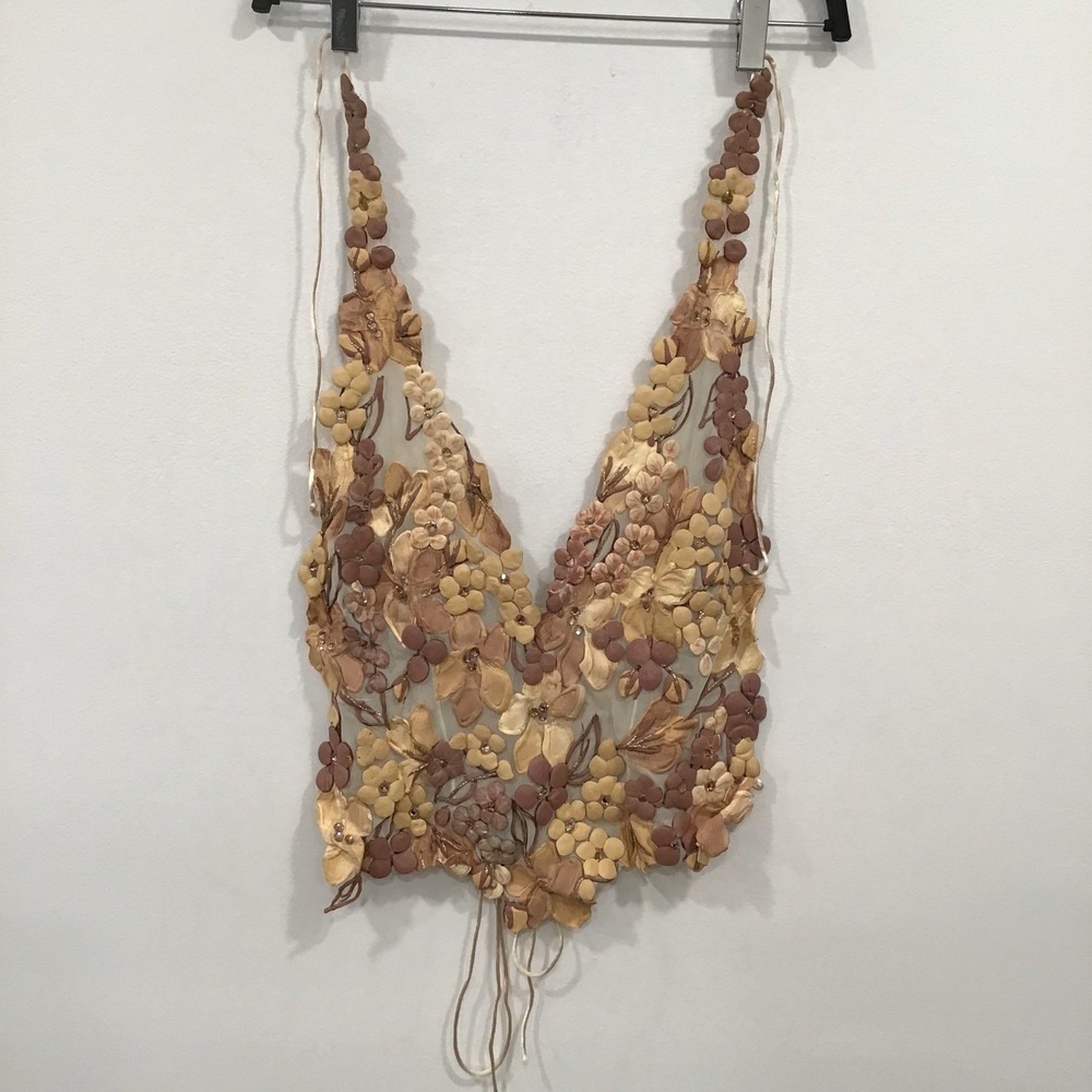 Ema Savahl Halter Top Womens Yellow Hand Painted 3D Floral Mesh Small Y2K Fairy - Picture 7 of 15
